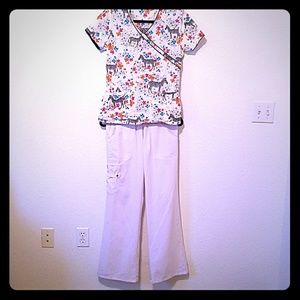 Dickies zebra scrub top with white bottoms